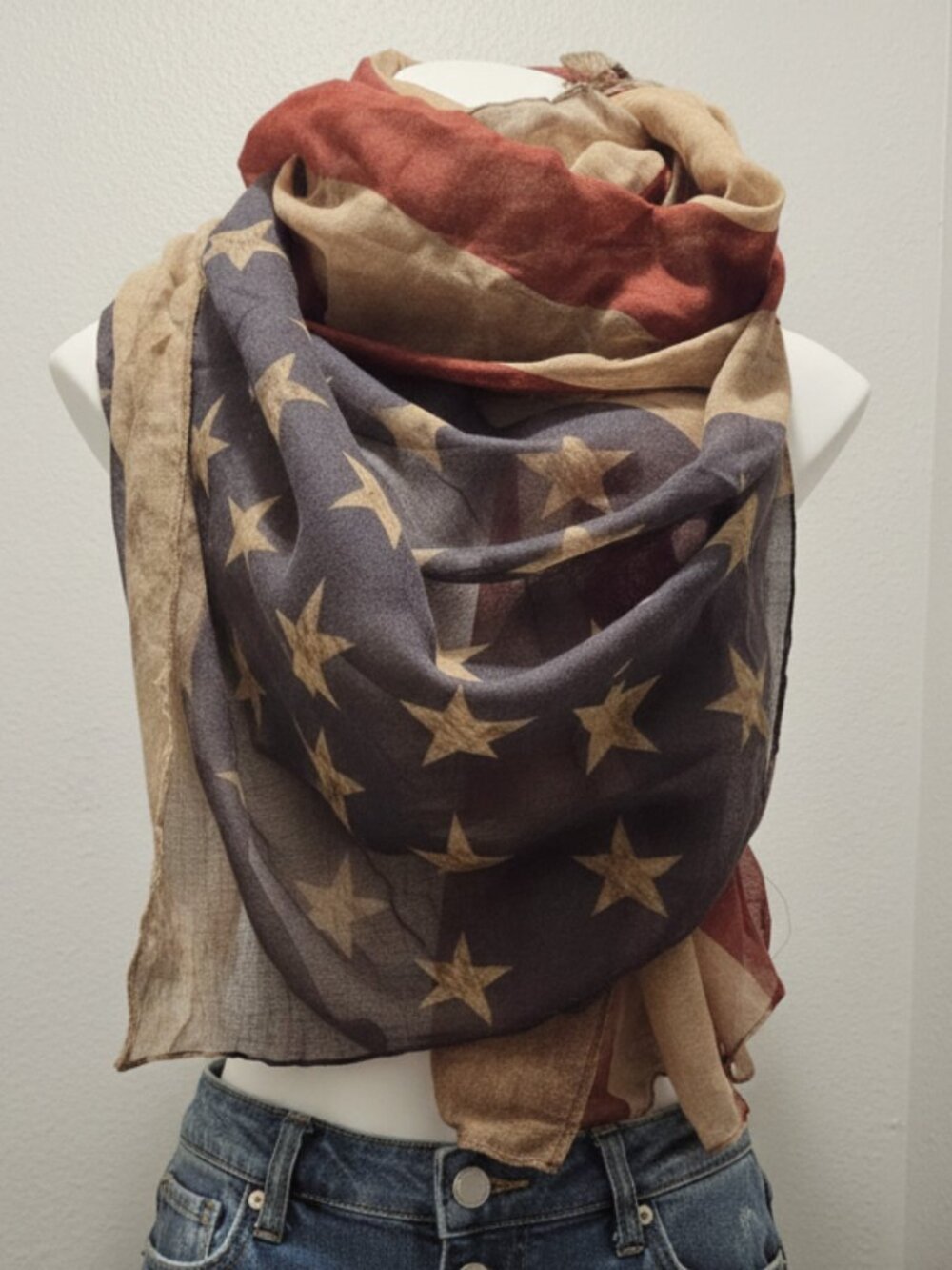 Vintage American Flag Scarf Shawl – Lightweight Semi-Sheer Patriotic Wrap